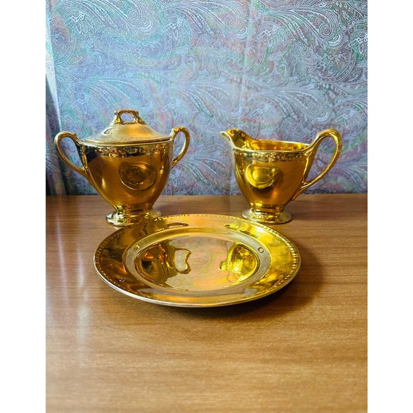 Homer Laughlin Georgian eggshell 22K gold lidded sugar creamer an dessert plate - Picture 2 of 10